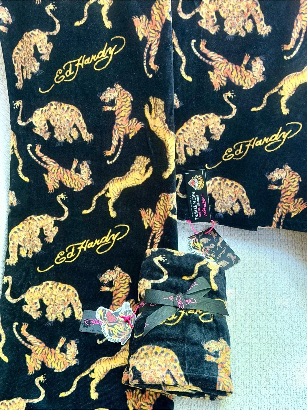 Ed Hardy Bath Towel Set + Hand Towels 4pc Tiger 100% Cotton Black Gold Y2K Decor